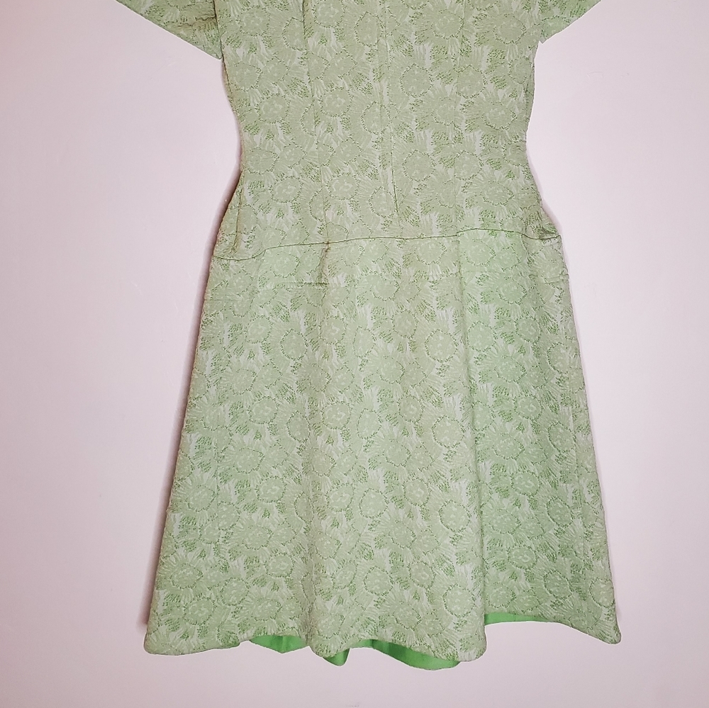 Mossy Mod Light Green Brocade Short-Sleeve Mini Dress with Pleats & Pocket - Picture 11 of 14